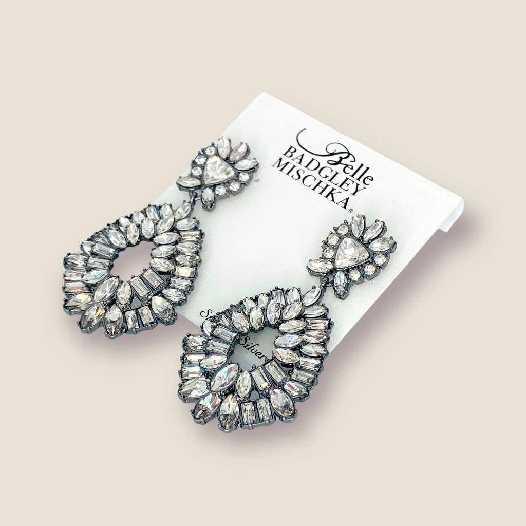 New Badgley Mischka Pewter Crystal Statement Hoop Chandelier Earrings Gunmetal